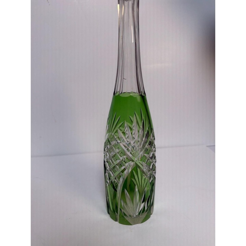 Vintage Bohemian Green Cut-to-Clear Crystal Decanter